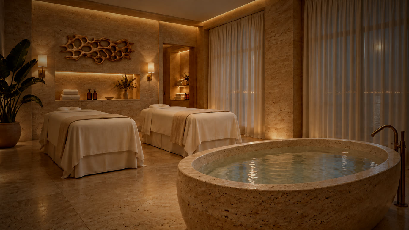 The Moon Suite at night: two massage tables, a carved stone tub for two and the full moon glowing behind sheer curtains